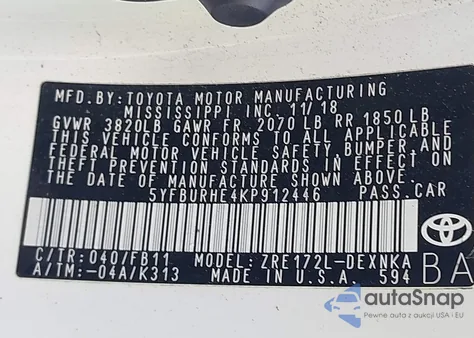 2019 Toyota Corolla Le из США, поврежденный, VIN 5YFBURHE4KP912446